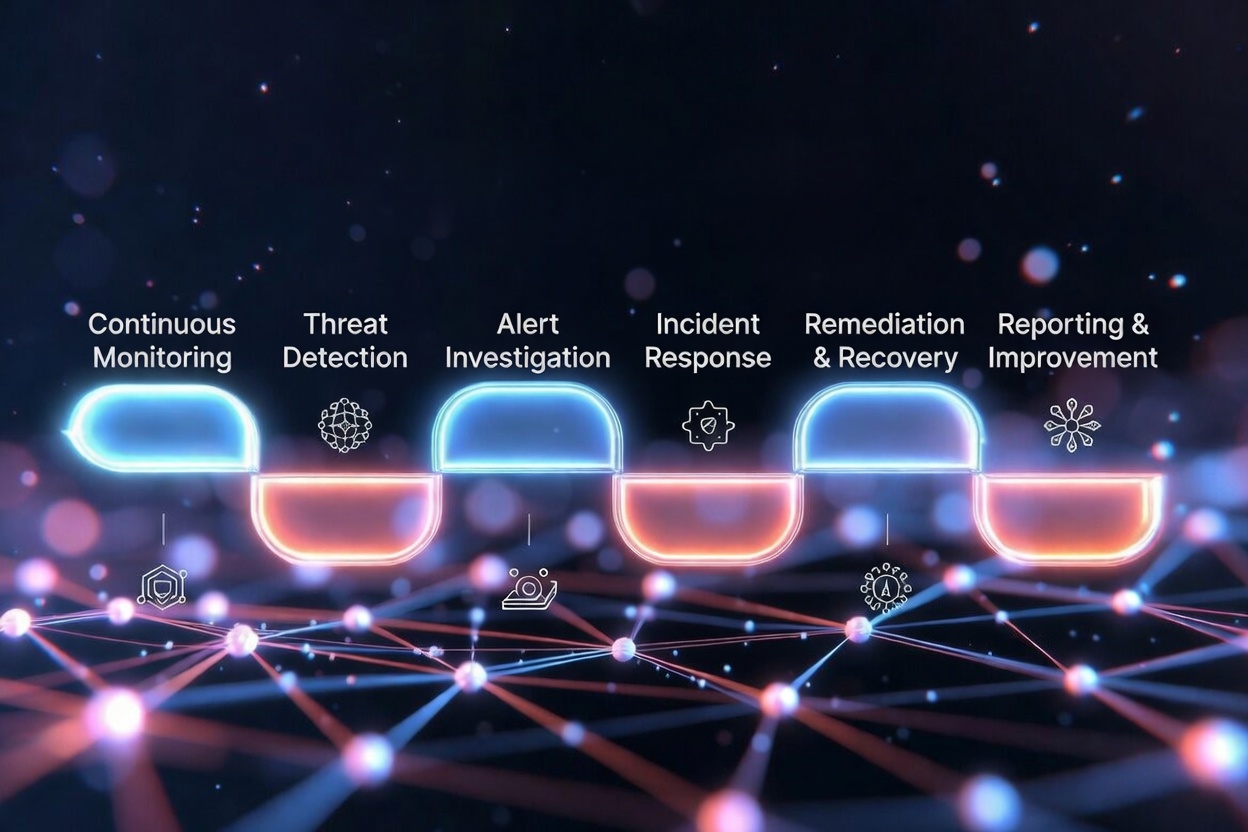 SOC operational workflow from monitoring to reporting and improvement